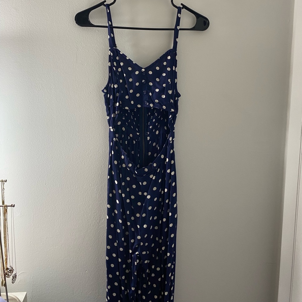 Urban Outfitters Navy and White Polka Dot Cut Out Jumpsuit